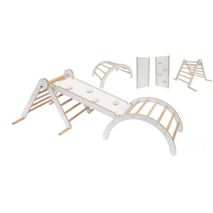 MAMOI® Set : Triangle, arche escalade et toboggan pour enfant, Structure motricité interieur pour bébé, Mur descalade et tobogan intérieur en bois pour bebe, Motricite montessori 3 ans-0