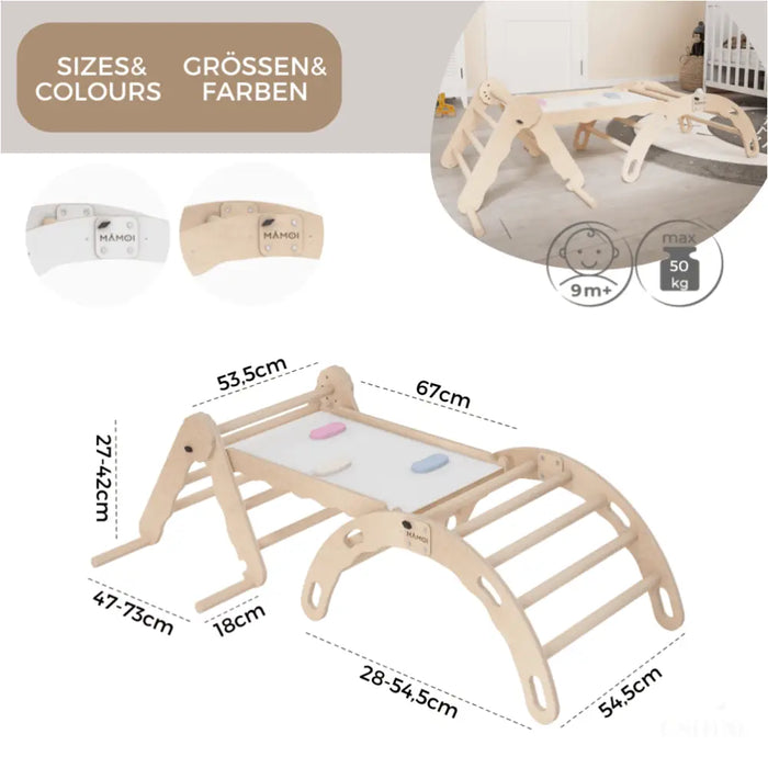 MAMOI® Set : Triangle, arche escalade et toboggan pour enfant, Structure motricité interieur pour bébé, Mur descalade et tobogan intérieur en bois pour bebe, Motricite montessori 3 ans-3