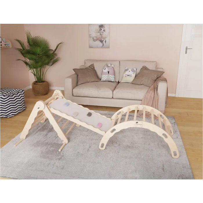 MAMOI® Set : Triangle, arche escalade et toboggan pour enfant, Structure motricité interieur pour bébé, Mur descalade et tobogan intérieur en bois pour bebe, Motricite montessori 3 ans-1