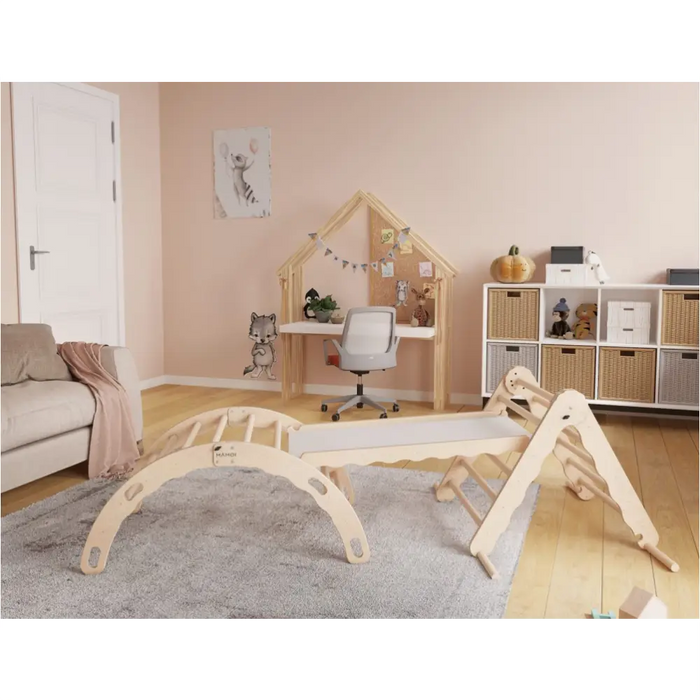 MAMOI® Set : Triangle, arche escalade et toboggan pour enfant, Structure motricité interieur pour bébé, Mur descalade et tobogan intérieur en bois pour bebe, Motricite montessori 3 ans-2