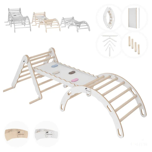 MAMOI® Set : Triangle, arche escalade et toboggan pour enfant, Structure motricité interieur pour bébé, Mur descalade et tobogan intérieur en bois pour bebe, Motricite montessori 3 ans-0