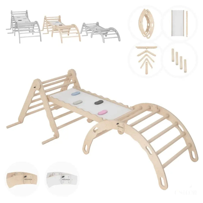 MAMOI® Set : Triangle, arche escalade et toboggan pour enfant, Structure motricité interieur pour bébé, Mur descalade et tobogan intérieur en bois pour bebe, Motricite montessori 3 ans-0