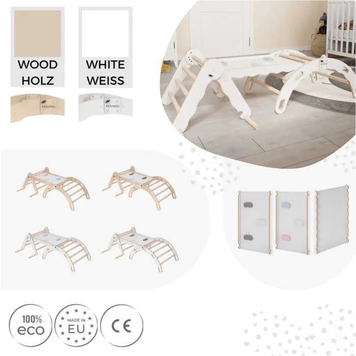 MAMOI® Set : Triangle, arche escalade et toboggan pour enfant, Structure motricité interieur pour bébé, Mur descalade et tobogan intérieur en bois pour bebe, Motricite montessori 3 ans-5