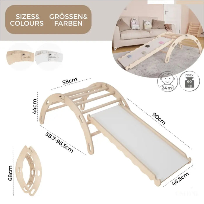 MAMOI® Triangle avec toboggan interieur, Mur escalade pour enfant, Aire de jeux pour bebe, Espalier en bois, Rocker arche à partir de 1/2/3 an, Bascule montessori-3