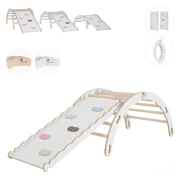 MAMOI® Triangle avec toboggan interieur, Mur escalade pour enfant, Aire de jeux pour bebe, Espalier en bois, Rocker arche à partir de 1/2/3 an, Bascule montessori-0