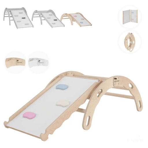 MAMOI® Triangle avec toboggan interieur, Mur escalade pour enfant, Aire de jeux pour bebe, Espalier en bois, Rocker arche à partir de 1/2/3 an, Bascule montessori-0