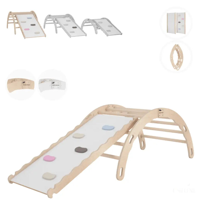 MAMOI® Triangle avec toboggan interieur, Mur escalade pour enfant, Aire de jeux pour bebe, Espalier en bois, Rocker arche à partir de 1/2/3 an, Bascule montessori-0