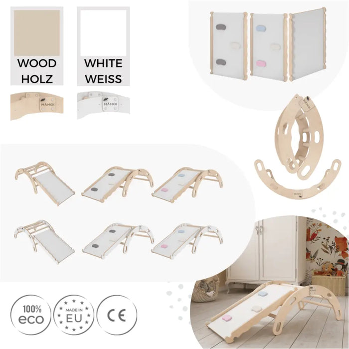 MAMOI® Triangle avec toboggan interieur, Mur escalade pour enfant, Aire de jeux pour bebe, Espalier en bois, Rocker arche à partir de 1/2/3 an, Bascule montessori-4