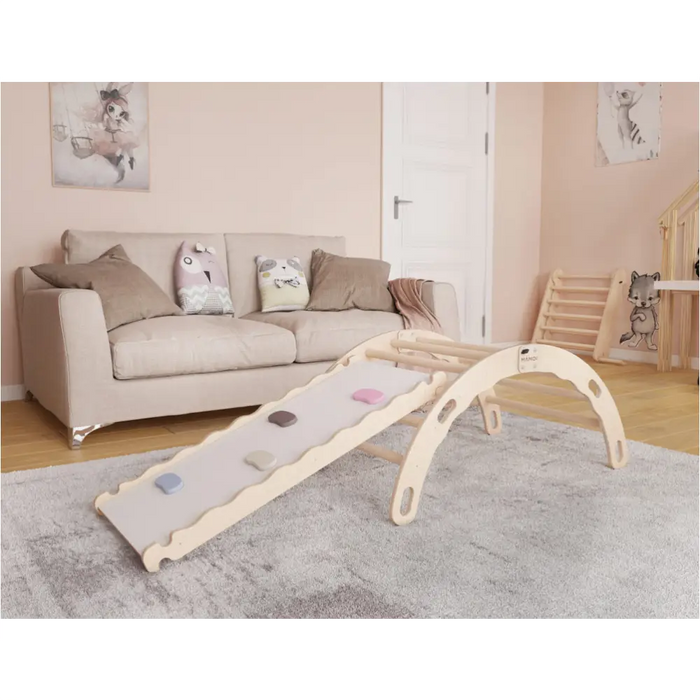 MAMOI® Triangle avec toboggan interieur, Mur escalade pour enfant, Aire de jeux pour bebe, Espalier en bois, Rocker arche à partir de 1/2/3 an, Bascule montessori-1