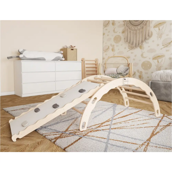 MAMOI® Triangle avec toboggan interieur, Mur escalade pour enfant, Aire de jeux pour bebe, Espalier en bois, Rocker arche à partir de 1/2/3 an, Bascule montessori-1