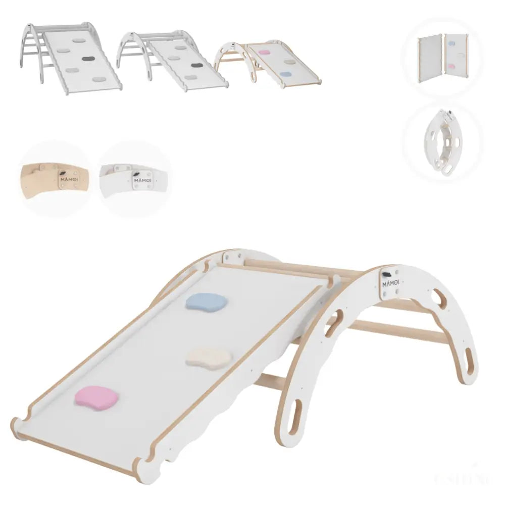 MAMOI® Triangle avec toboggan interieur, Mur escalade pour enfant, Aire de jeux pour bebe, Espalier en bois, Rocker arche à partir de 1/2/3 an, Bascule montessori-0