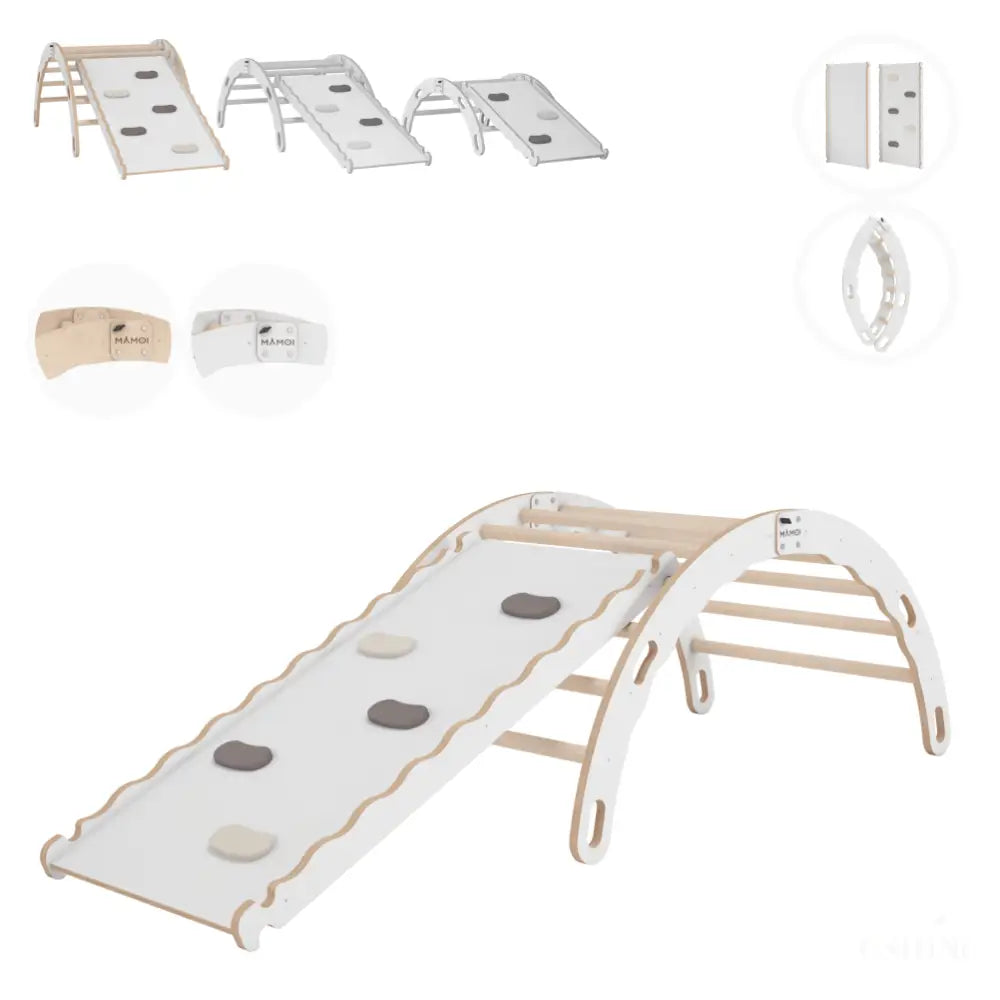 MAMOI® Triangle avec toboggan interieur, Mur escalade pour enfant, Aire de jeux pour bebe, Espalier en bois, Rocker arche à partir de 1/2/3 an, Bascule montessori-0