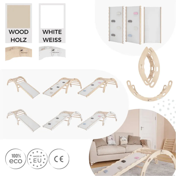 MAMOI® Triangle avec toboggan interieur, Mur escalade pour enfant, Aire de jeux pour bebe, Espalier en bois, Rocker arche à partir de 1/2/3 an, Bascule montessori-5