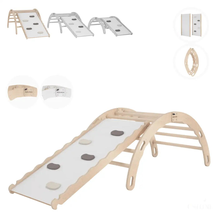 MAMOI® Triangle avec toboggan interieur, Mur escalade pour enfant, Aire de jeux pour bebe, Espalier en bois, Rocker arche à partir de 1/2/3 an, Bascule montessori-0