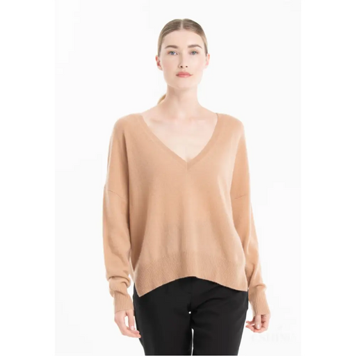 NAMI 23 Pull col V en cachemire avec bande couleur camel/beige-0