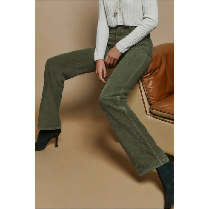 Pantalon en velours côtelé vert à taille haute et poches carrées-2