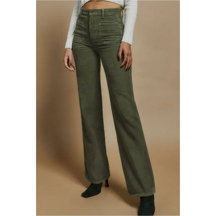 Pantalon en velours côtelé vert à taille haute et poches carrées-0