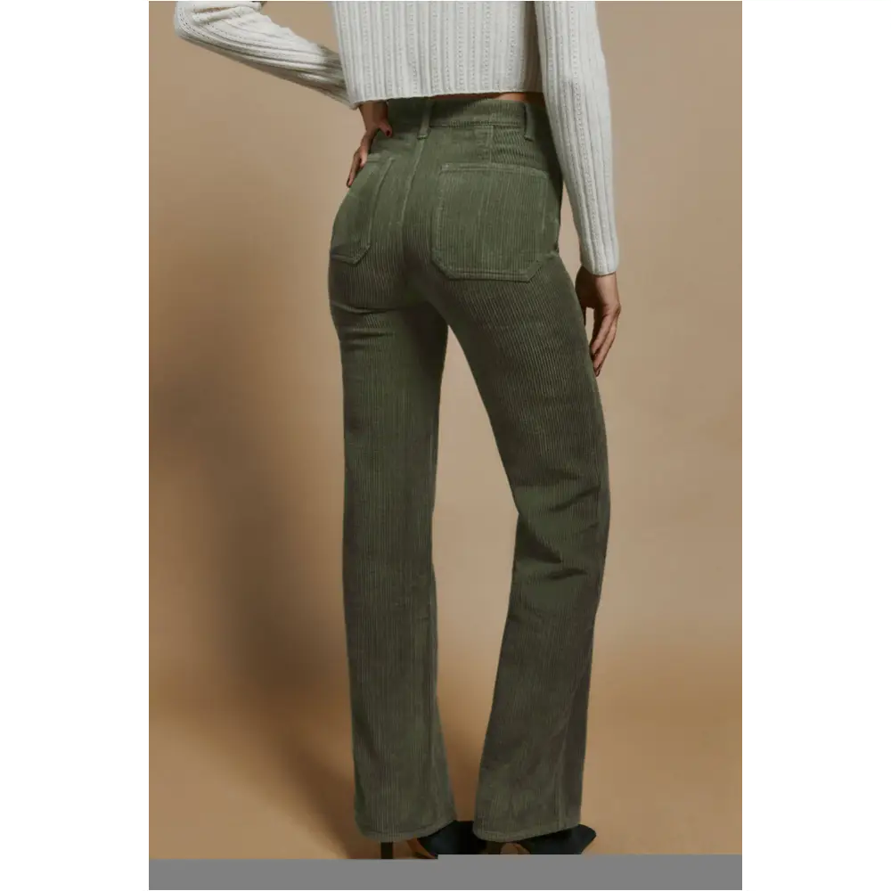 Pantalon en velours côtelé vert à taille haute et poches carrées-1