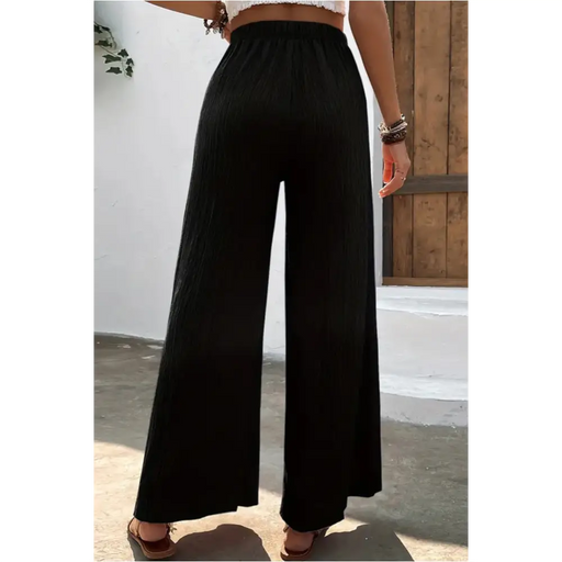 Pantalon large noir froissé à taille élastique-1