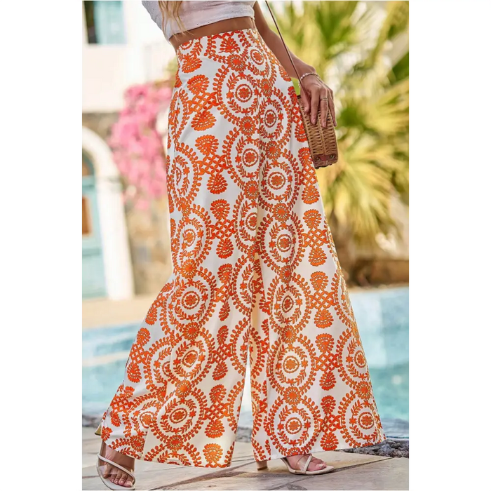 Pantalon large orange imprimé fleurs boho rétro-3