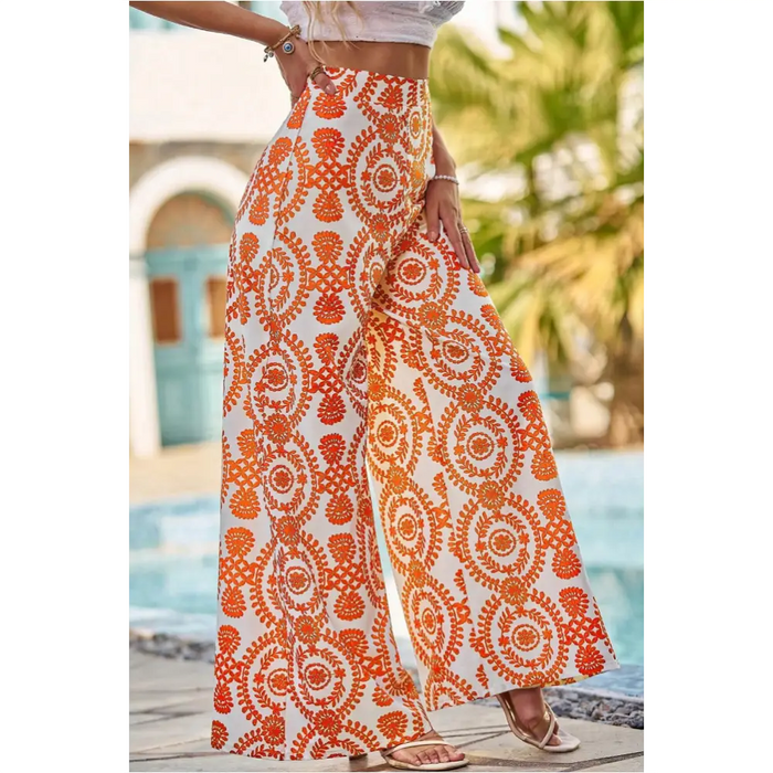 Pantalon large orange imprimé fleurs boho rétro-2