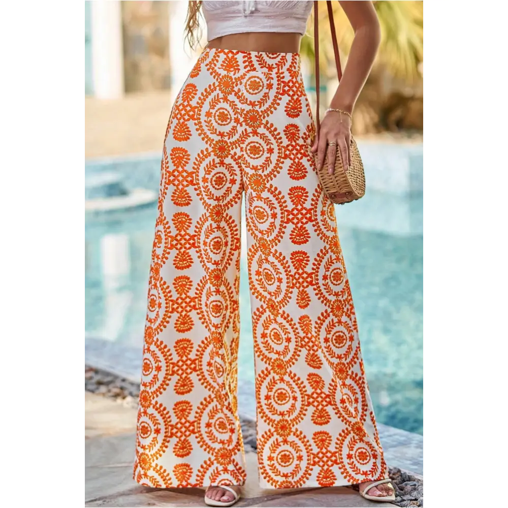 Pantalon large orange imprimé fleurs boho rétro-0