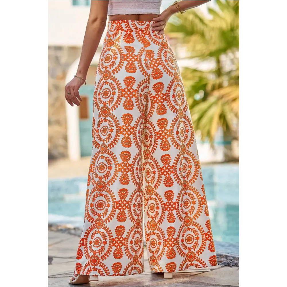 Pantalon large orange imprimé fleurs boho rétro-1