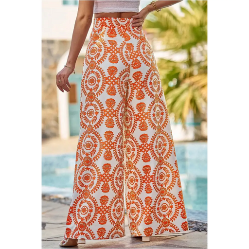 Pantalon large orange imprimé fleurs boho rétro-1