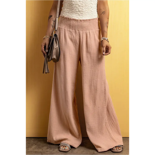 Pantalon large rose à taille smockée et froissé-0