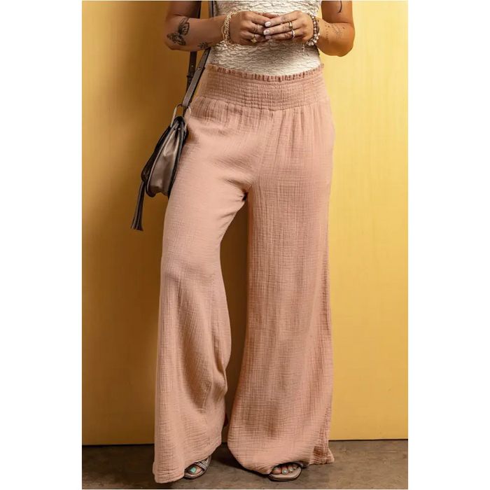 Pantalon large rose à taille smockée et froissé-4