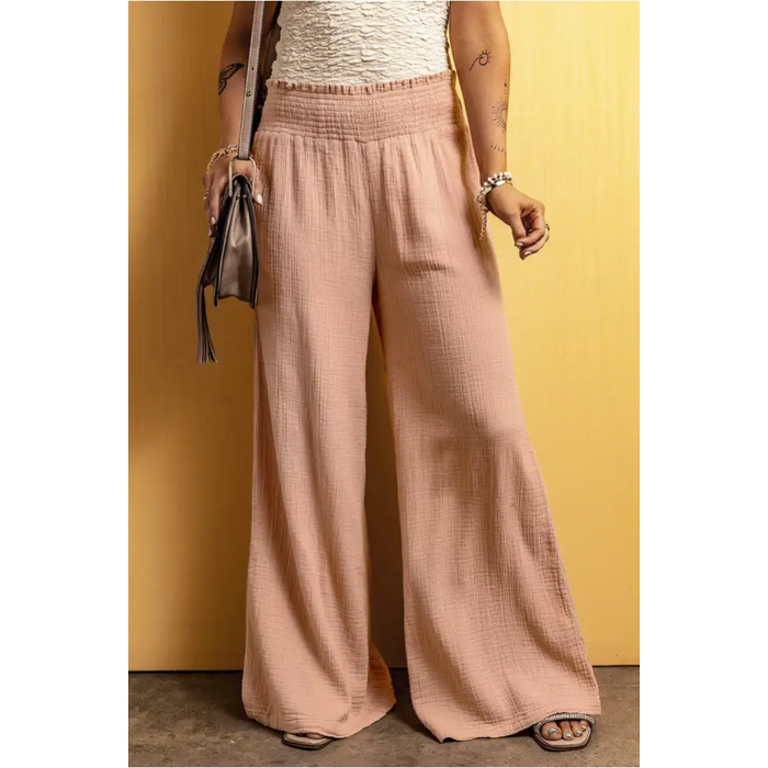 Pantalon large rose à taille smockée et froissé-5