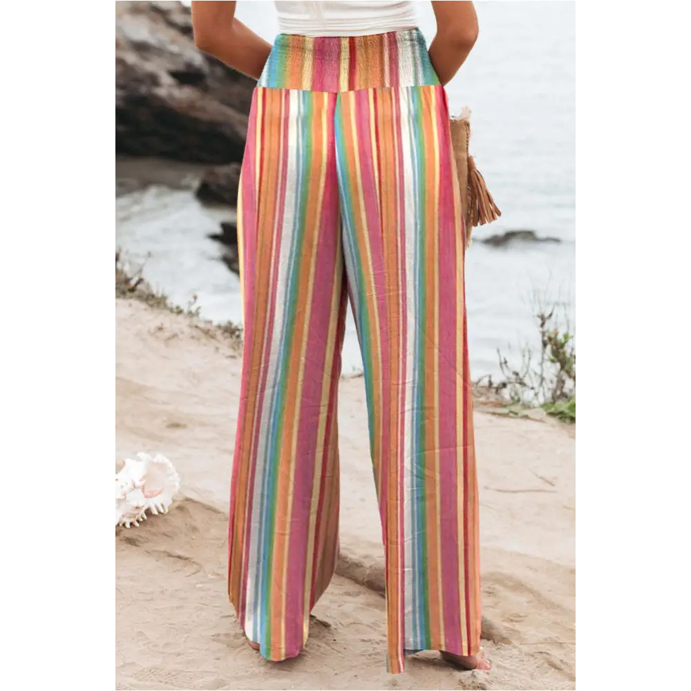 Pantalon smocké à rayures multicolores-1