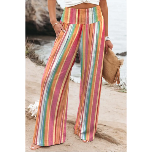 Pantalon smocké à rayures multicolores-0