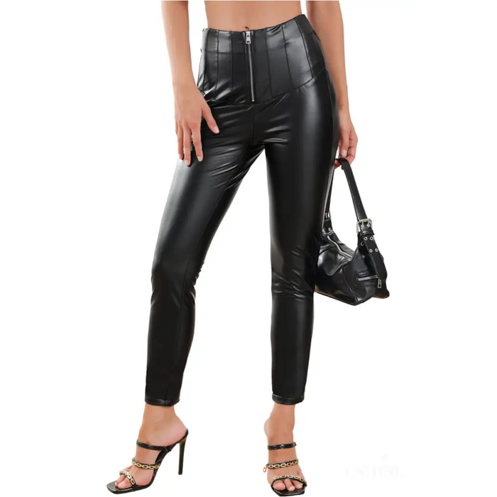 Pantalon taille haute zippé en cuir -11