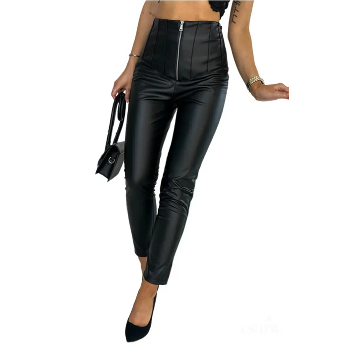 Pantalon taille haute zippé en cuir -12