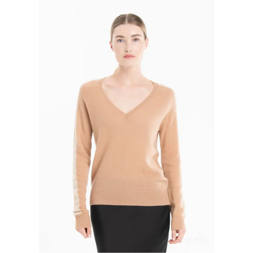 RIA 1 Pull col V avec bande sur les manches en cachemire camel clair/beige-0