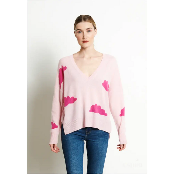 RIA 20 Pull col V oversize imprimé nuage en cachemire rose baby/rose indien-0