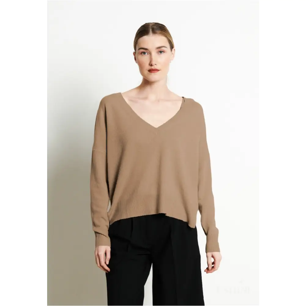 RIA 3 Pull col V profond oversize en cachemire beige foncé-0