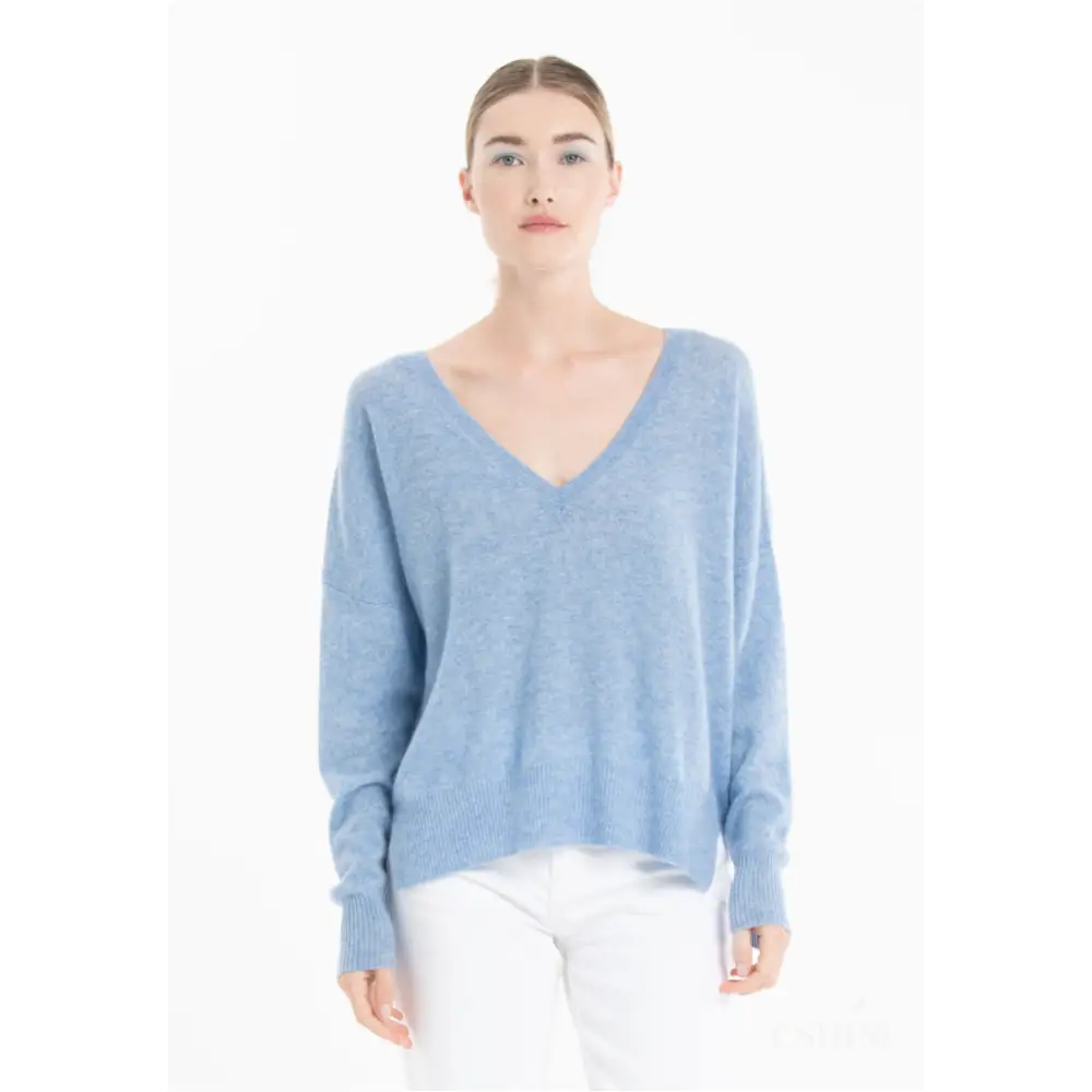 RIA 3 Pull col V profond oversize en cachemire bleu ciel-0