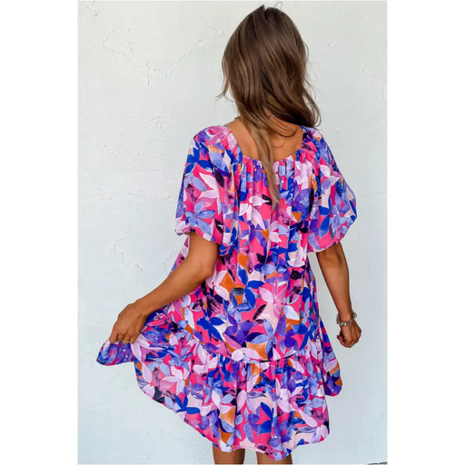 Robe à volants à manches courtes bouffantes et imprimé floral violet-1