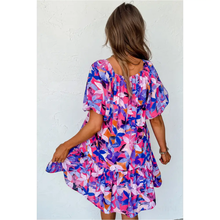 Robe à volants à manches courtes bouffantes et imprimé floral violet-1