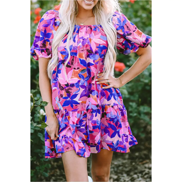 Robe à volants à manches courtes bouffantes et imprimé floral violet-14