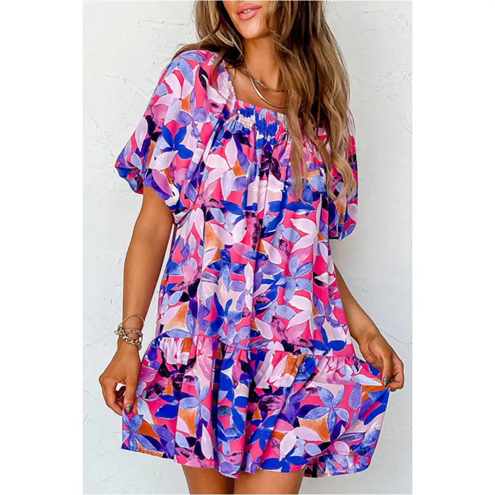 Robe à volants à manches courtes bouffantes et imprimé floral violet-0