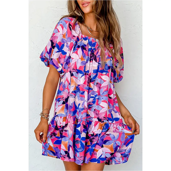 Robe à volants à manches courtes bouffantes et imprimé floral violet-0