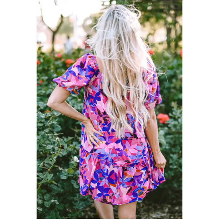 Robe à volants à manches courtes bouffantes et imprimé floral violet-8