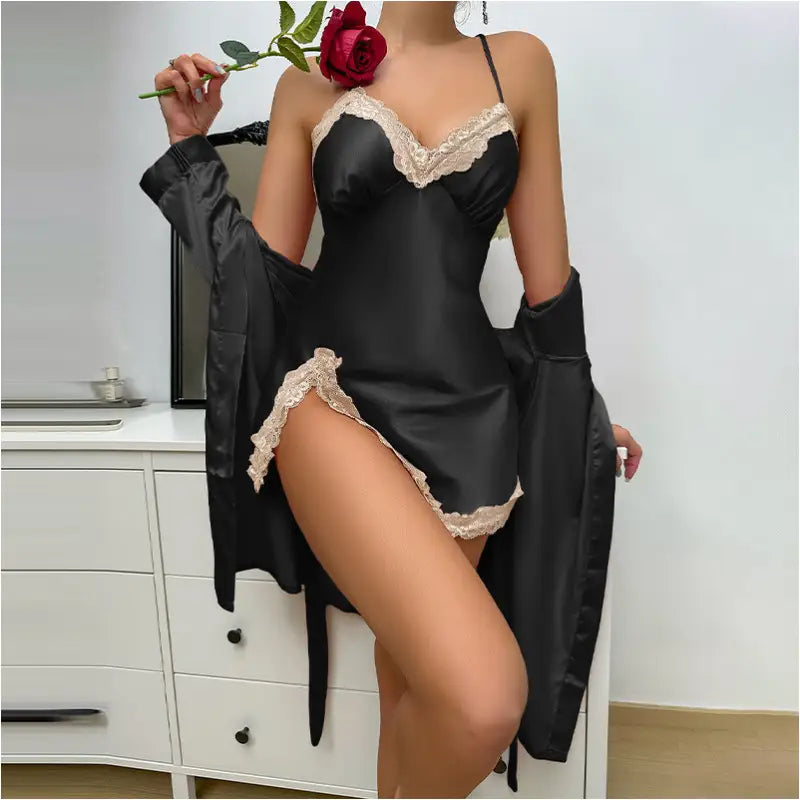 Robe de nuit en Satin Sexy et Paréo - Noir / L - Pyjama F