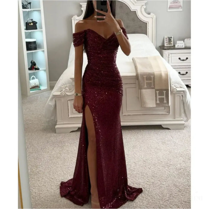 Robe de soirée à paillettes et fendue - Rouge Marine / L