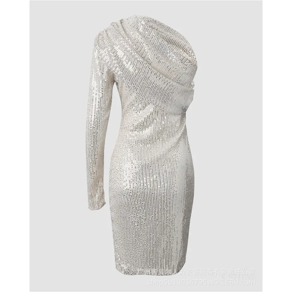 Robe de soirée en argent à paillettes à une épaule