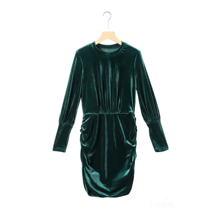 Robe moulante froncée en velours vert à manches bouffantes-11