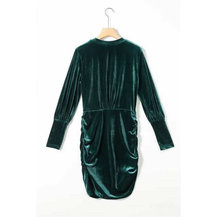 Robe moulante froncée en velours vert à manches bouffantes-5